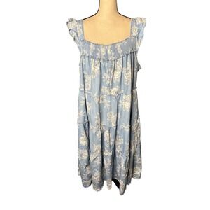 Old Navy Womens 2X Blue Floral Tiered Cotton Midi Dress Ruffle Sleeve Smocked